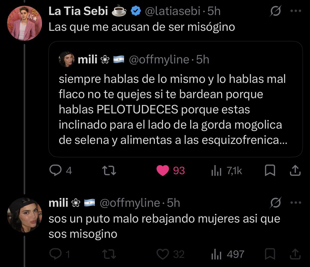 KindaCrazyR_'s tweet photo. Mili tratando de misogino y en dos tuits arriba denigran a Selena, no se ponen de acuerdo o es una burra. https://t.co/puTvaKOaKZ