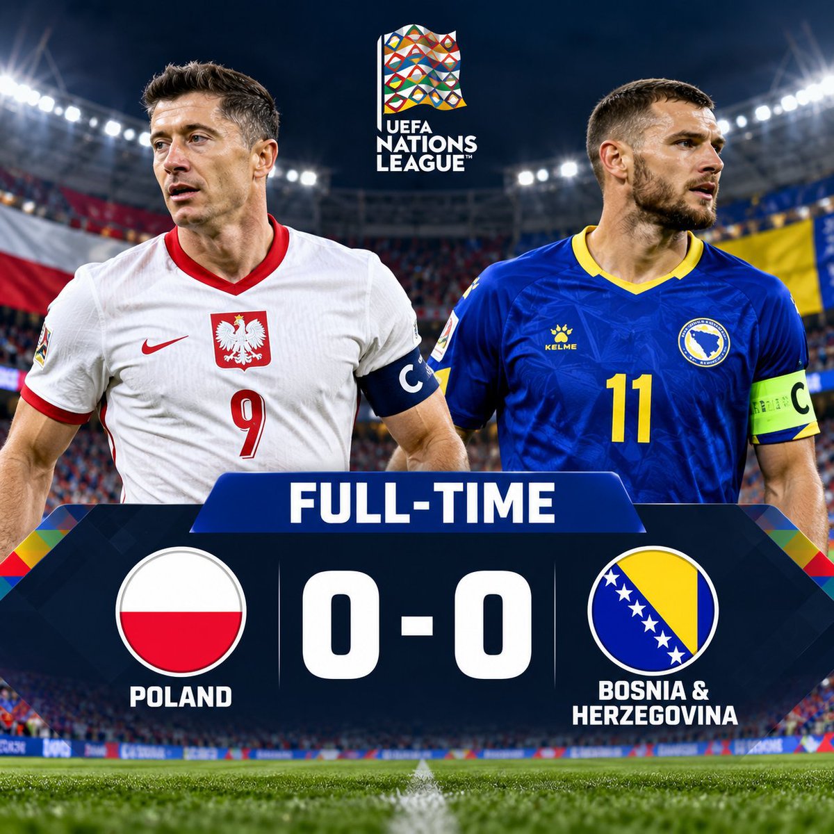 THEFINAL_3R's tweet photo. 🇵🇱 Poland 0–0 Bosnia &amp; Herzegovina 🇧🇦

NOTHING TO SEPARATE THEM! 🤝⚽

Poland and Bosnia &amp; Herzegovina share the points after a goalless Nations League clash. Both defences stood firm as neither side could find the breakthrough. 🧤🔥

#NationsLeague #Poland #BosniaAndHerzegovina https://t.co/Halw9eZHP7