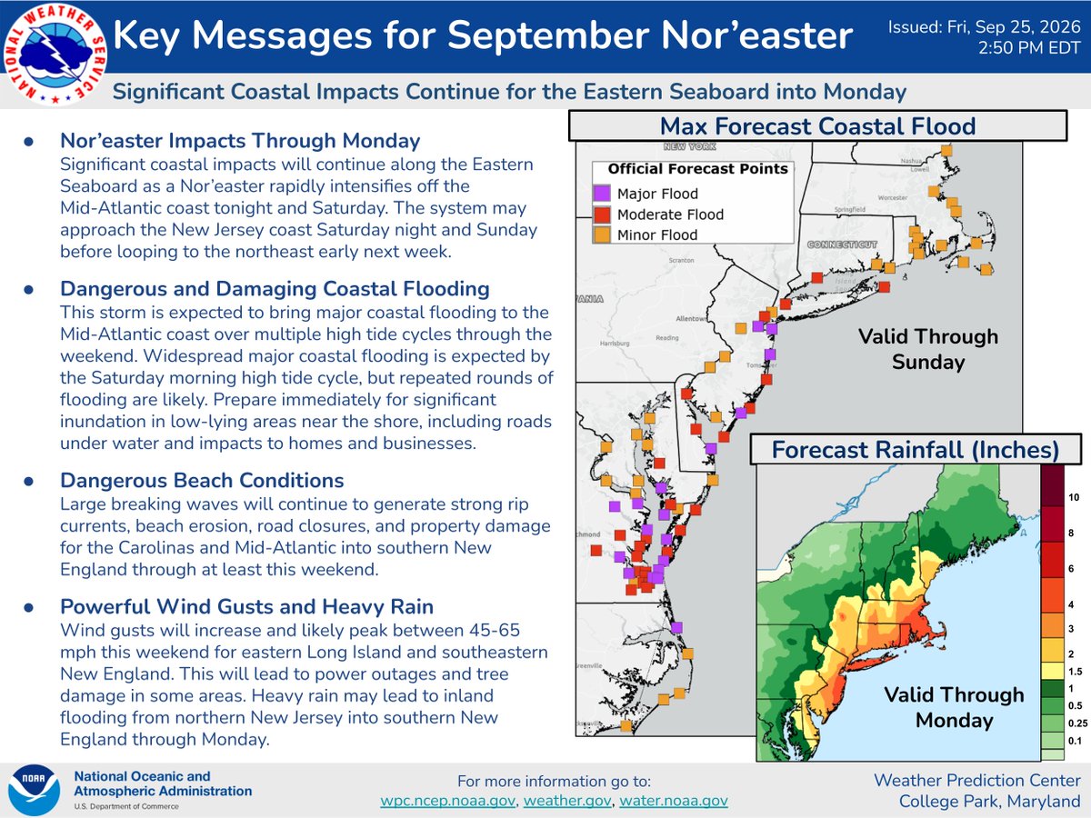 NWSEastern's tweet photo. 🌊💨💧A Nor'easter will bring a variety of impacts to the area through early next week with the peak impacts Saturday and Sunday in many areas. https://t.co/DLwkWrlm0T
