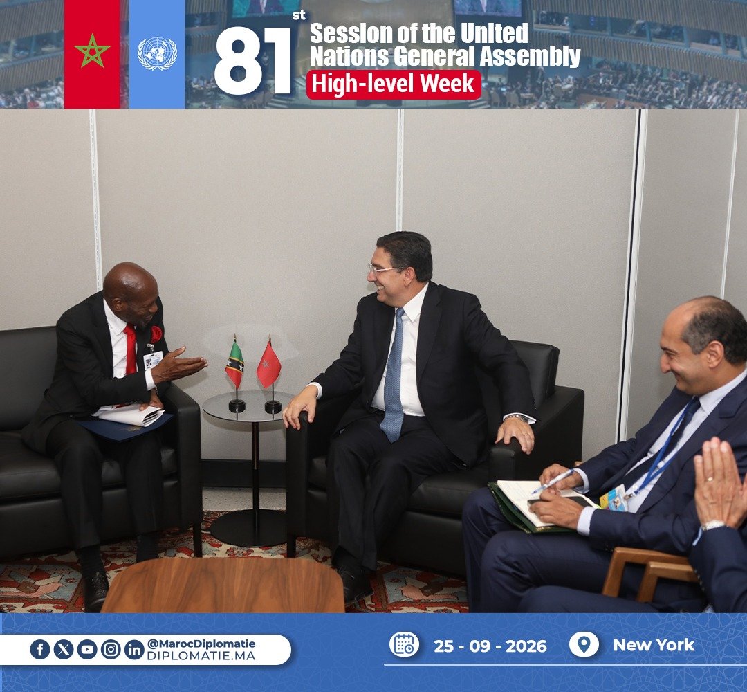 Marocdiplo_EN's tweet photo. 🇲🇦- 🇰🇳On the sidelines of the High-Level week of the 81st session of the UN General Assembly, MFA Nasser Bourita held talks, today in New York, with his counterpart from Saint Kitts and Nevis, Mr. Denzil Douglas https://t.co/dKAJnMCNHi