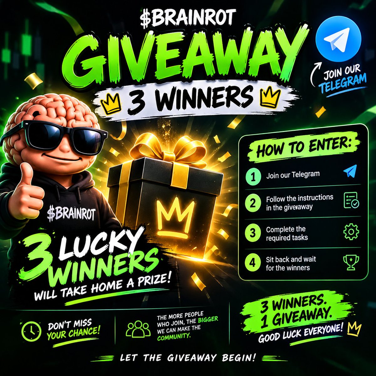 BrainrotBase's tweet photo. 🎉 🚨 GIVEAWAY TIME! 🚨 🎉

We’re giving back to the community! 🔥

🏆 3 WINNERS 🏆
🎁 3 lucky winners will take home a prize!
How to enter:
1️⃣ Join our Telegram
2️⃣ Follow the instructions in the giveaway
3️⃣ Complete the required tasks
4️⃣ Sit back and wait for the winners 👀

⏰ Don’t miss your chance!
The more people who join, the bigger we can make the community. 🧠🔥
💎 3 Winners. 1 Giveaway. Good luck everyone!
🚀 LET THE GIVEAWAY BEGIN! 🚀