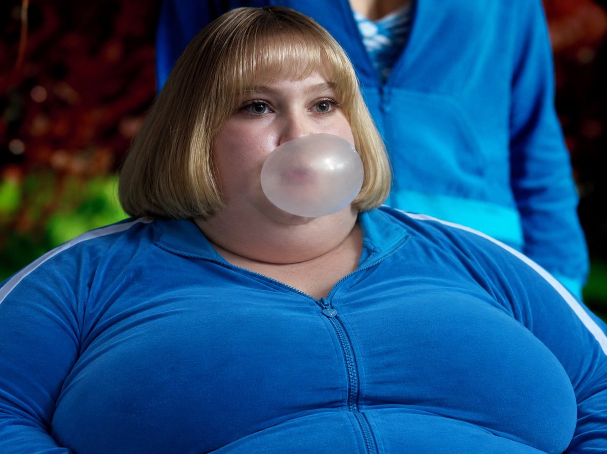 pigBlue00's tweet photo. Violet, grown fat as a pig, has become a sumo girl; today, too, she chews gum with a body bursting with rolls of flab.
#blueberryinflation
#ssbbw #肥満化 #blueberryinflatio #violetbeauregarde #charlieandthechocolatefactory https://t.co/zgpRg8eDl5