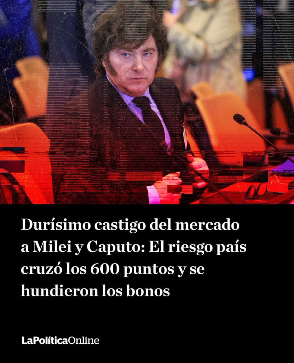 mavica7's tweet photo. La tensión financiera que había asomado en las últimas ruedas se agravó este viernes, luego de la mala entrevista de Milei con Bloomberg en la que se lo vio confuso a la hora de explicar como enfrentará los crecientes desafíos políticos, sociales y financieros. Este viernes el riesgo país saltó 5,2% y cerró en 609 puntos básicos, mientras la sangría de los bonos dejó de estar concentrada en algunos títulos y se extendió sobre toda la curva.⁠
⁠
El problema para Luis Caputo es que esta vez no hubo un vendaval internacional donde refugiar la explicación: fue una buena rueda global y el castigo se concentró en Argentina. Ya este jueves hizo agua cuando se le amontonaron las excusas para explicar la debacle de la actividad, a niveles históricos.⁠
⁠