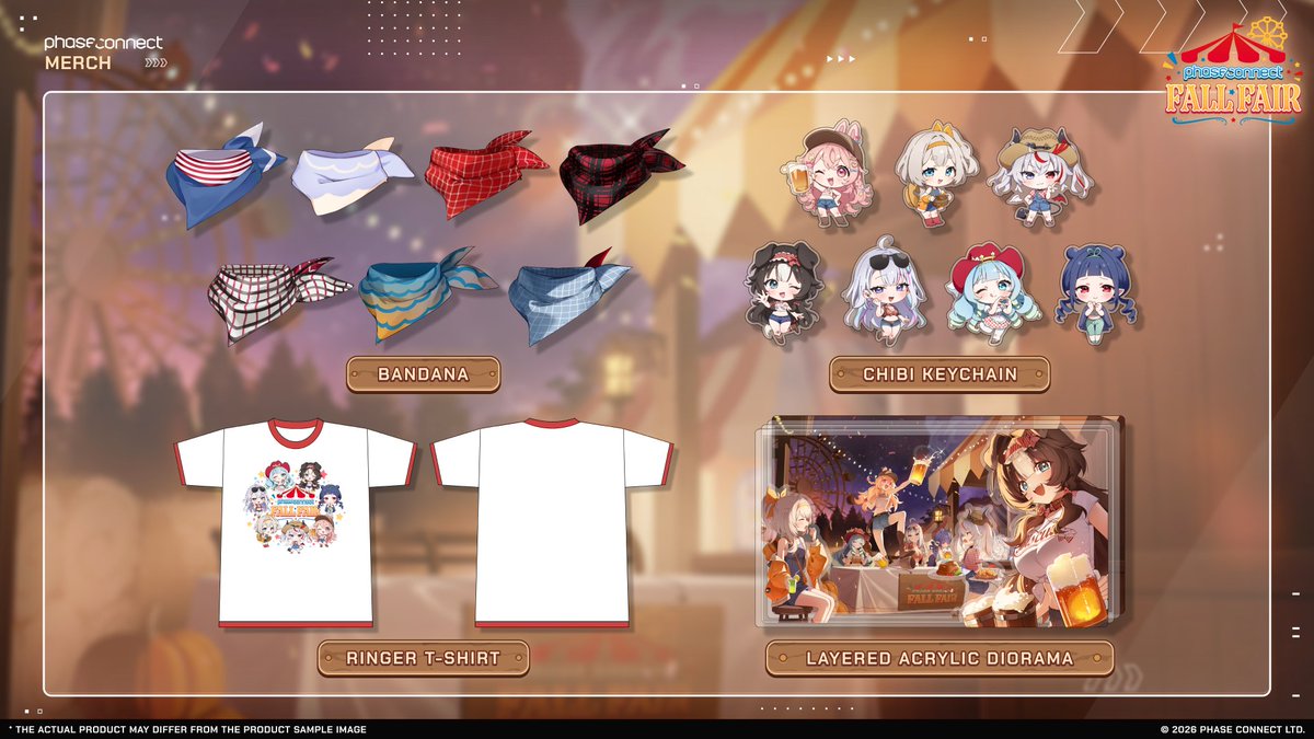 phase_shop's tweet photo. 🎡 [Fall Fair Collection] 🍻

Fair lights are glowing and good times are flowing! Come hungry, stay merry, and bring a little piece of the Fall Fair home with you! 🌭 ✨

🪕 Bandana
🤠 Chibi Keychain
🍺 Layered Acrylic Diorama
👕 Ringer T-Shirt

Pre-Order Closes: 10.25 
https://t.co/Qn6ORErssT