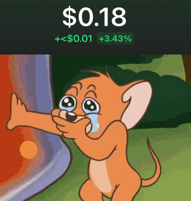 The cartoon character Jerry the mouse from Tom and Jerry is shown crying with large tears streaming down his face, overlaid with a stock price of '$0.18' and a '+3.43%' increase.