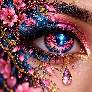 A vibrant digital artwork of a stylized eye with an iris containing a moonlit ocean scene, decorated with pink cherry blossoms, gold filigree, and a teardrop-shaped gem.