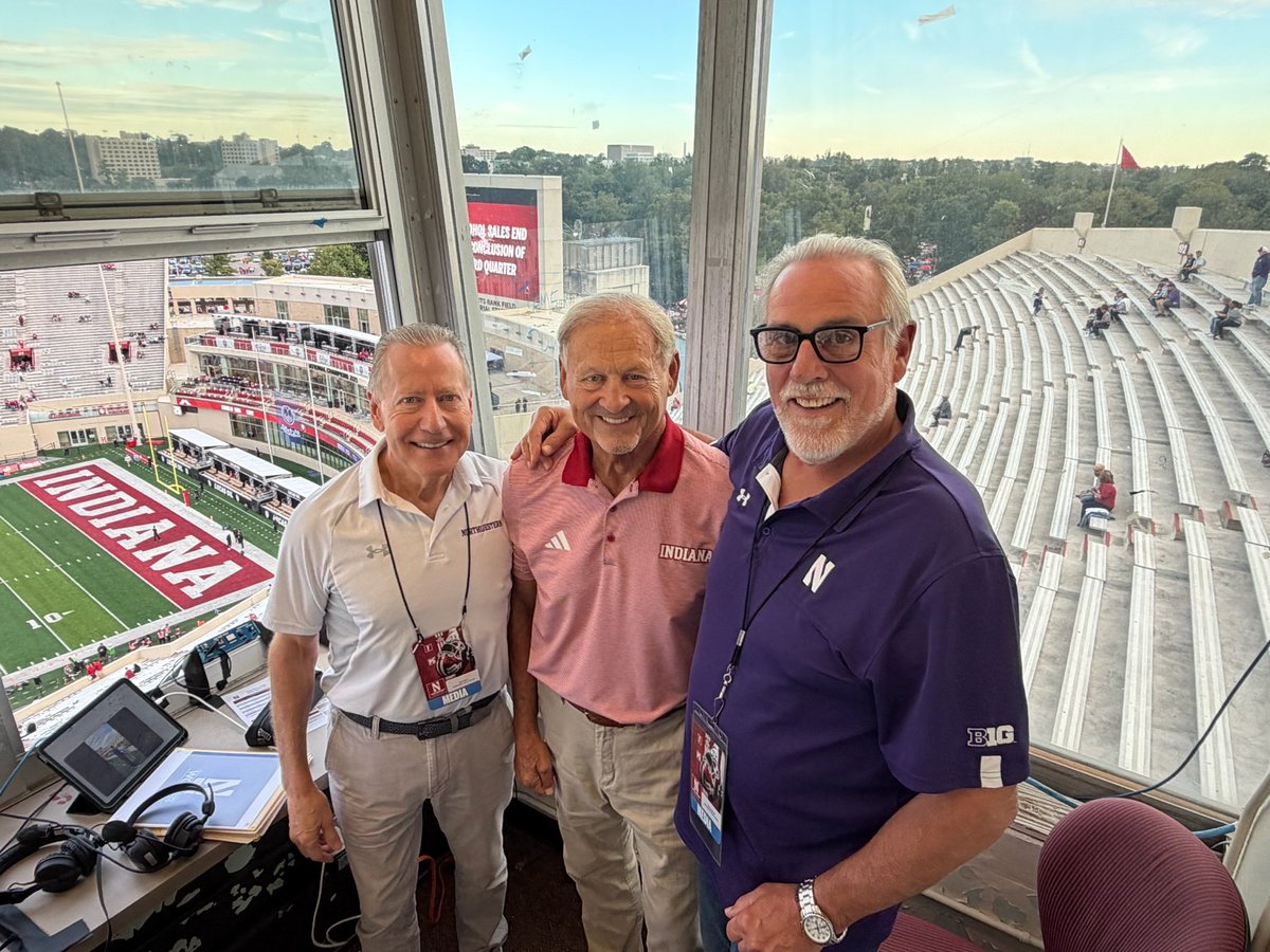 WGNRadio's tweet photo. A lot of @BigTen history in this booth! 

@DaveEanet and @TedAlbrecht with the legendary voice of Indiana, Don Fischer! 

Listen to @NUFBFamily at @IndianaFootball on WGN Radio or stream it on https://t.co/1kqYVzxmGV 🎧

(@NU_Sports) https://t.co/rySWXsbxFD