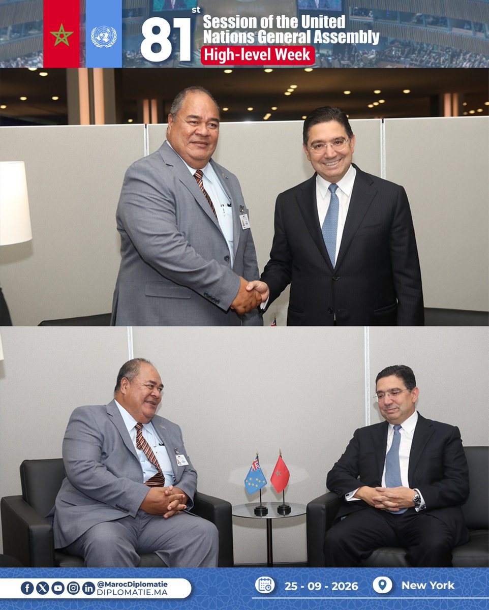 Marocdiplo_EN's tweet photo. 🇲🇦- 🇹🇻On the sidelines of the High-Level week of the 81st session of the UN General Assembly, MFA Nasser Bourita held talks, today in New York, with his counterpart from #Tuvalu, Mr. Paulson Panapa https://t.co/f18loOr2eg
