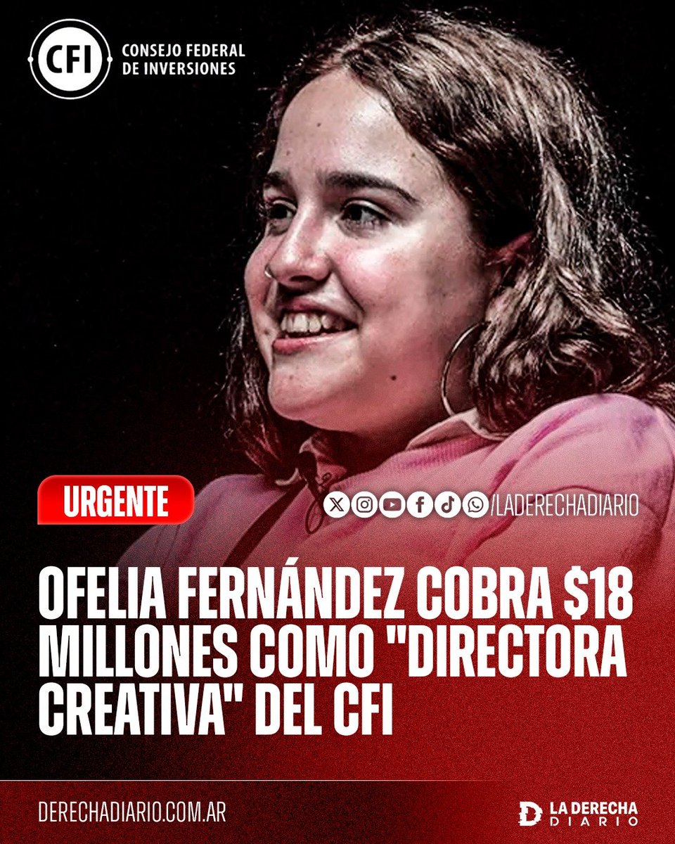 laderechadiario's tweet photo. 🚨🇦🇷 | OFELIA FERNÁNDEZ COBRA $18 MILLONES DEL CFI A PESAR DE QUE DIJO QUE NO ERA MÁS EMPLEADA PÚBLICA

La exlegisladora kirchnerista quedó nuevamente en el centro de la polémica después de conocerse que obtuvo un contrato por casi $18 millones, ajustado por inflación, para desempeñarse como “Directora Creativa” del Consejo Federal de Inversiones.

El CFI es un organismo interprovincial financiado con recursos aportados por las 23 provincias y dirigido por Ignacio Lamothe, hermano del actor kirchnerista. El contrato salió a la luz después de que Ofelia Fernández afirmara reiteradamente que ya no era empleada pública.