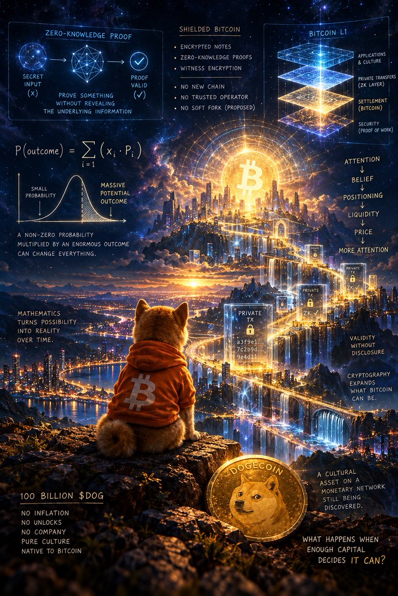 dariodelorian's tweet photo. $DOG is where the math starts getting weird.

Bitcoin was supposed to be simple.

21 million coins.
Fixed rules.
Public ledger.

Now cryptographers are proposing Shielded Bitcoin: private transfers using encrypted notes, zero-knowledge proofs and witness encryption.

Zcash-like privacy.

But built around Bitcoin as it exists today.

No new chain.
No trusted operator.
Not even a soft fork in the proposed architecture. 

Think about what that means.

We are reaching the point where mathematics can prove that something happened correctly without revealing the underlying information.

Bitcoin becomes the settlement layer.

Cryptography becomes the invisible machinery above it.

And then sitting directly on those sats is $DOG.

100 billion units.

No inflation.
No unlocks.
No company issuing more.

A cultural asset attached to a monetary network whose capabilities are still being discovered.

This is where probability gets interesting.

You don’t need a 100% probability that Bitcoin becomes the dominant global monetary network.

You don’t need a 100% probability that privacy becomes native to its economic layer.

You don’t need a 100% probability that $DOG becomes Bitcoin’s dominant cultural asset.

You need a non-zero probability multiplied by an enormous possible outcome.

Attention → belief → positioning → liquidity → price → more attention.

Reflexivity.

The increasingly strange part is that Bitcoin keeps expanding the size of the possible future.

And $DOG is sitting inside that future.

What happens when enough capital decides it can?