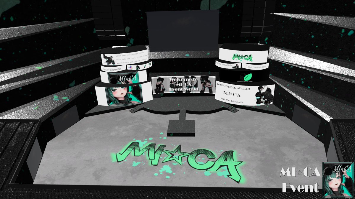 TASshiroko's tweet photo. 会場全体の写真。
モニターの上に登ってみたり。

#MICA_3D #MICA_FC #VRChat https://t.co/0QBQc47wyA
