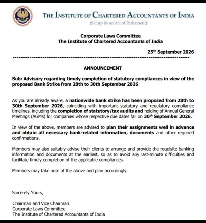CARakeshKu84645's tweet photo. 🚨 CA ARE NOT LABOUR! Stop treating professionals like 24/7 machines! 🚨

The latest advisory from @icai_india released on September 25th is a complete mockery of the profession. Telling members to "plan assignments well in advance" at the eleventh hour—right before the critical September 30th tax audit deadline—shows how completely disconnected the leadership is from ground reality.

Let’s look at the absolute banking gridlock created this week:Sept 26 (Saturday): Closed (4th Saturday)Sept 27 (Sunday): ClosedSept 28 - 30: Proposed Nationwide Bank StrikeWhile rumors circulate about an @RBI notification allowing public sector banks to operate on Sunday, 

👉ICAI's Corporate Laws Committee (CLC) has missed the mark by issuing a generic, panic-inducing advisory that fails to clarify basic operational realities. By omitting the crucial fact that private sector banks remain fully operational during UFBU-led strikes, the committee has caused unnecessary alarm for practitioners rushing to meet critical September 30th deadlines. Members deserve precise, well-researched guidance from their leadership, not half-baked notices that lack basic industry context.
👉Instead of negotiating aggressively with the CBDT (@IncomeTaxIndia) for a logical and necessary tax audit due date extension, ICAI Central Council Members choose to issue tone-deaf corporate templates that shift 100% of the burden onto the shoulders of CAs.
We are professionals, not bonded labor forced to fix systemic infrastructure failures at midnight. Central Council members need to wake up, stop pleasing authorities, and actually stand up for the people who elected them! 😡💼
#TaxAuditExtension #ICAI #RBI #CBDT #CharteredAccountants #BankStrike #CAFraternity
#ExtendTaxAuditDueDate
#ExtendTaxAuditDate