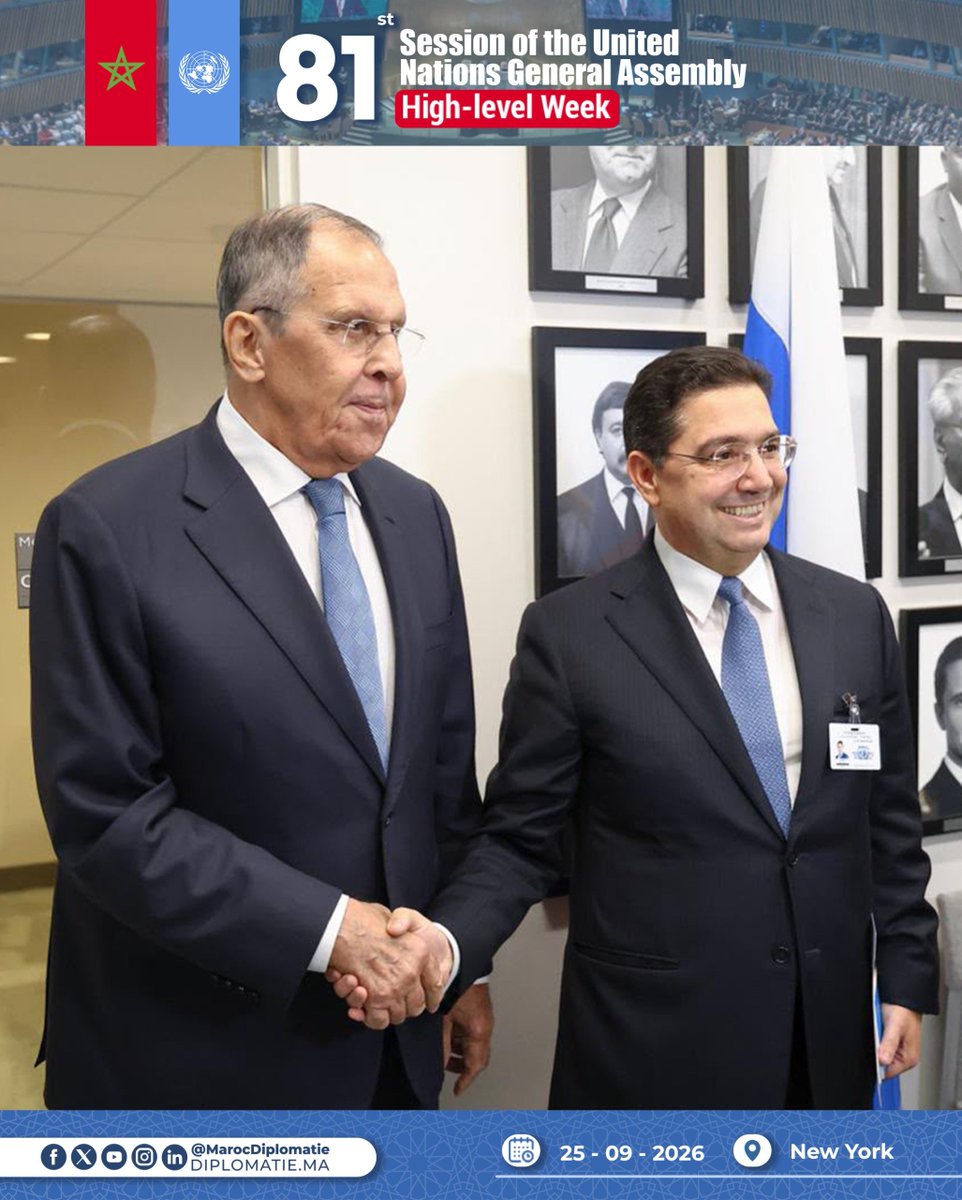 Marocdiplo_EN's tweet photo. 🇲🇦- 🇷🇺On the sidelines of the High-Level week of the 81st session of the UN General Assembly, MFA Nasser Bourita held talks, today in New York, with his counterpart from #Russia, Mr. Sergey Lavrov https://t.co/sMACgUrNbT