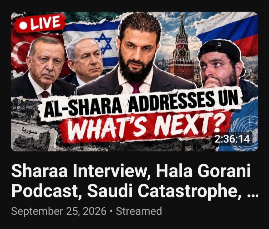 Hayanomie's tweet photo. Went live on YouTube for the first time today.

Covered Sharaa's interview and his UN address. Also broke down the amazing @HalaGorani-@rallaf conversation, plus reactions to Homs' history then Saudi and Turkiye-Israel developments.

Full stream here: https://t.co/GnLQrauvwU https://t.co/7PffVo7d1t