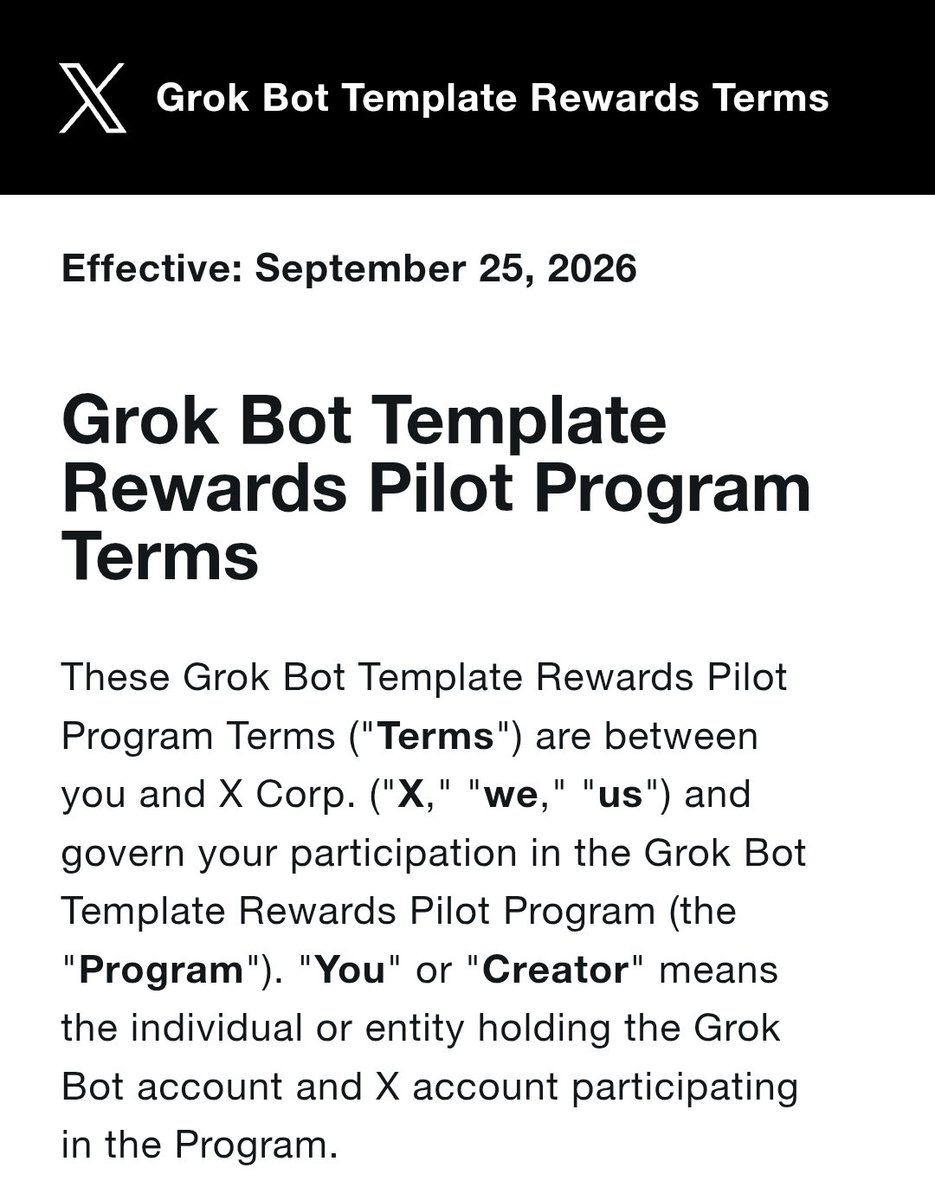 XFreeze's tweet photo. 𝕏 just launched a new Grokbot Template Rewards program

Creators can now build Grokbot templates, share them on 𝕏 and may earn rewards when people actually use them

• Invite-only pilot
• Rewards determined every 2 weeks
• Usage + repeat usage matter
• Likes and impressions don’t determine payouts
• Payments go directly to X Money
• Completely separate from Original Content Rewards

The pilot is starting in the U.S. and is expected to run for roughly 2 months

This is basically 𝕏 starting to reward people for building useful AI workflows, not just content