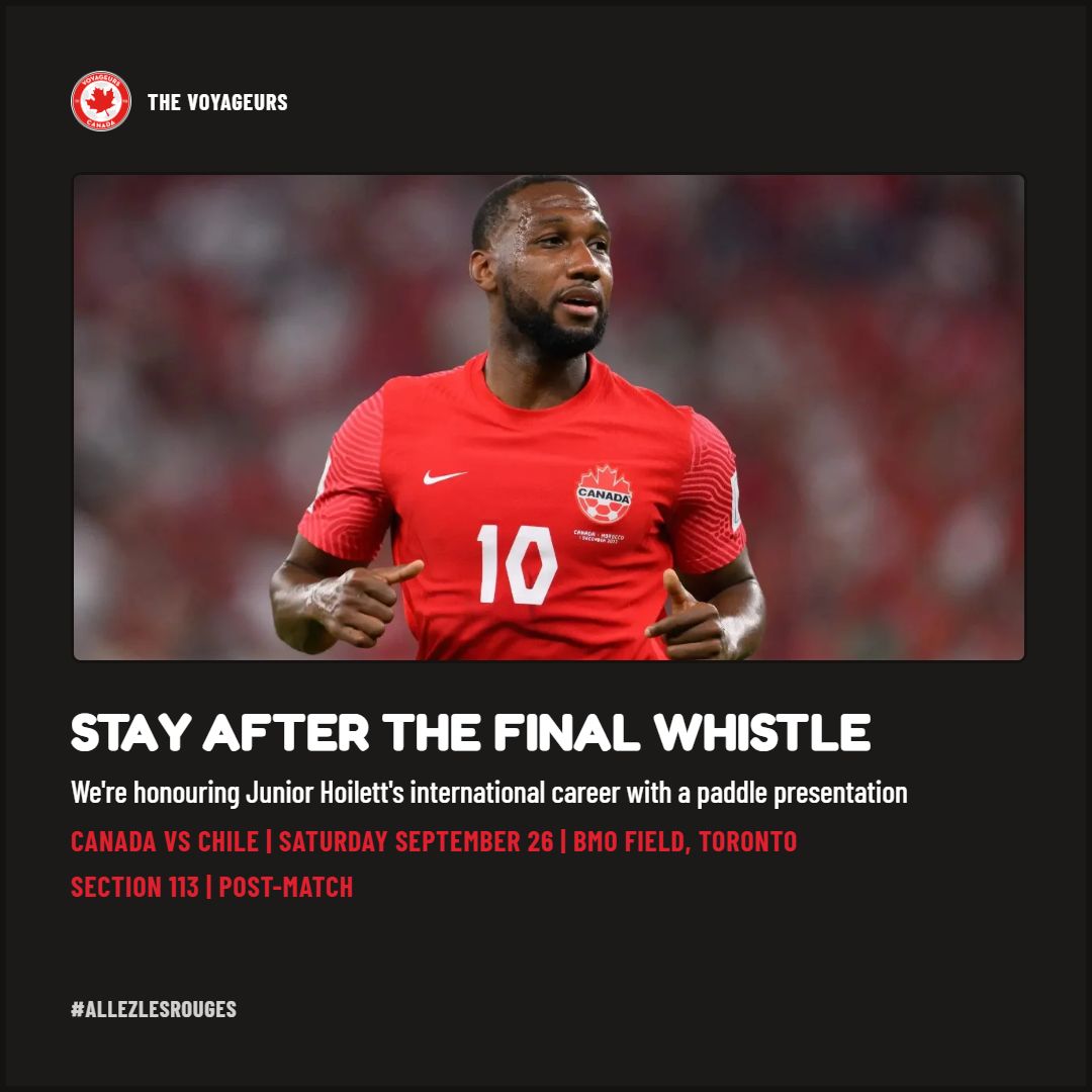 thevoyageurs's tweet photo. For over a decade, Junior Hoilett wore the Maple Leaf with pride.
Saturday, we say thank you. Join us after the final whistle at Section 113 as we present Junior with a paddle in honour of his contributions to Canadian soccer.
#AllezLesRouges #CanMNT https://t.co/X9pVOVkx4x