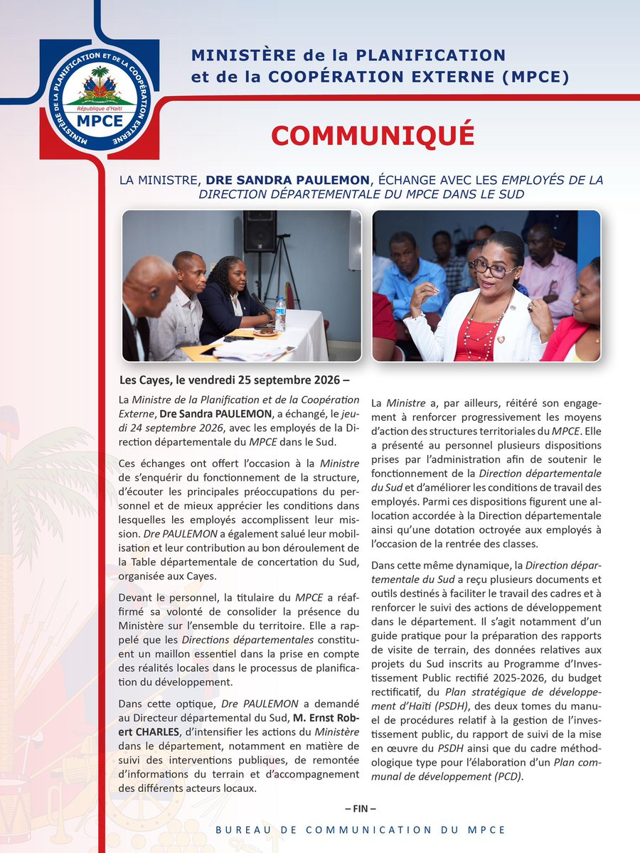MPCEHa's tweet photo. La Ministre, Dre Sandra PAULEMON, échange avec les employés de la Direction départementale du MPCE dans le Sud. https://t.co/ft8IFau4uF