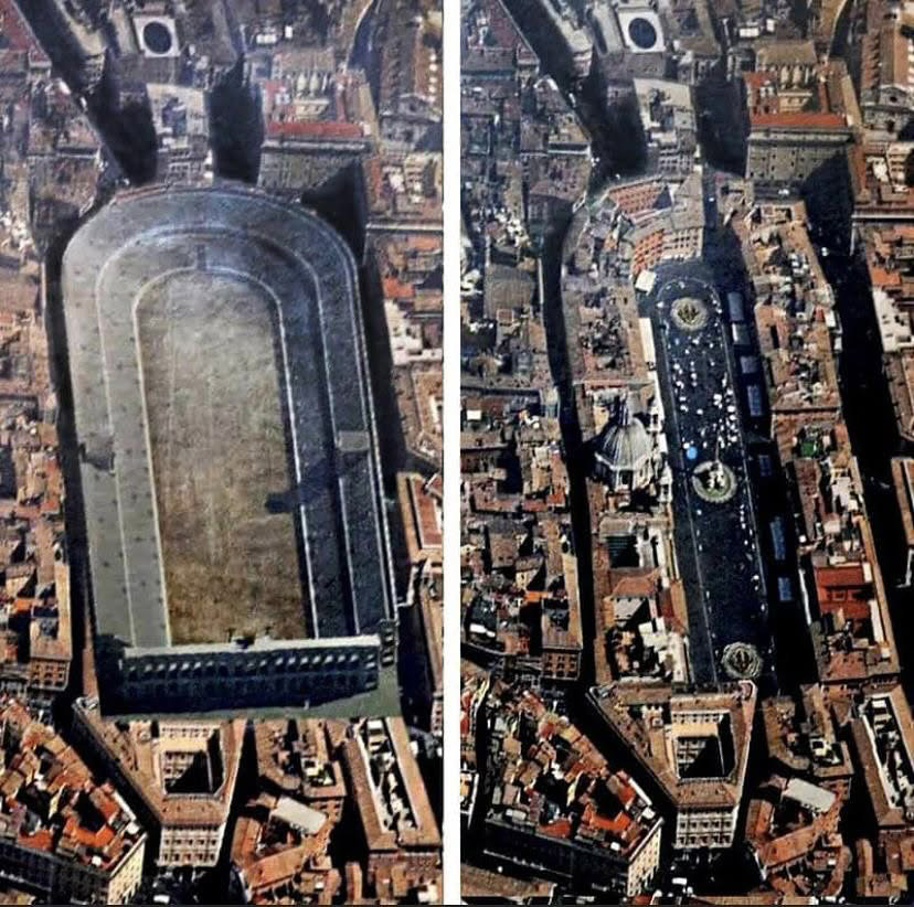 archpng's tweet photo. Piazza Navona is Rome’s ancient stadium hiding in plain sight.

The square follows almost exactly the footprint of the Stadium of Domitian, built in 86 AD for athletic competitions. The ancient structure measured about 275 meters (902 ft) long and could hold roughly 30,000 spectators.

Centuries later, buildings rose around the remains of its seating, while the former arena became the open space we know today as Piazza Navona.

Even now, the square’s long shape is essentially the outline of a nearly 2,000-year-old Roman stadium.