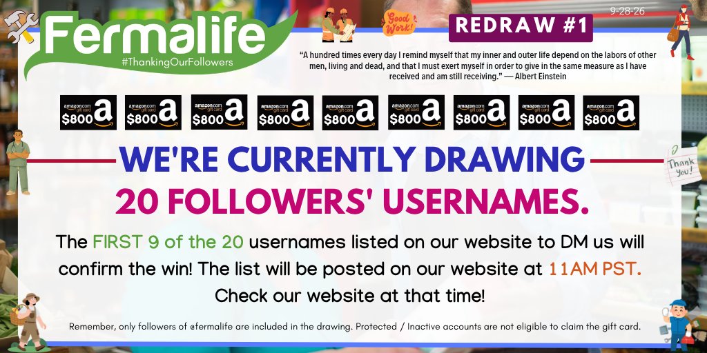fermalife's tweet photo. 📢It's 9:30 AM PST-- We're currently drawing 20 followers usernames for Redraw #1. At 11 AM PST, check our website to see if you are 1 of the 20 listed. The first 9 of the 20 from the list posted to send us a DM will confirm the $800 #AmazonGiftCard! MORE: https://t.co/WC10NXpUI5 https://t.co/SDQTT7SPnx