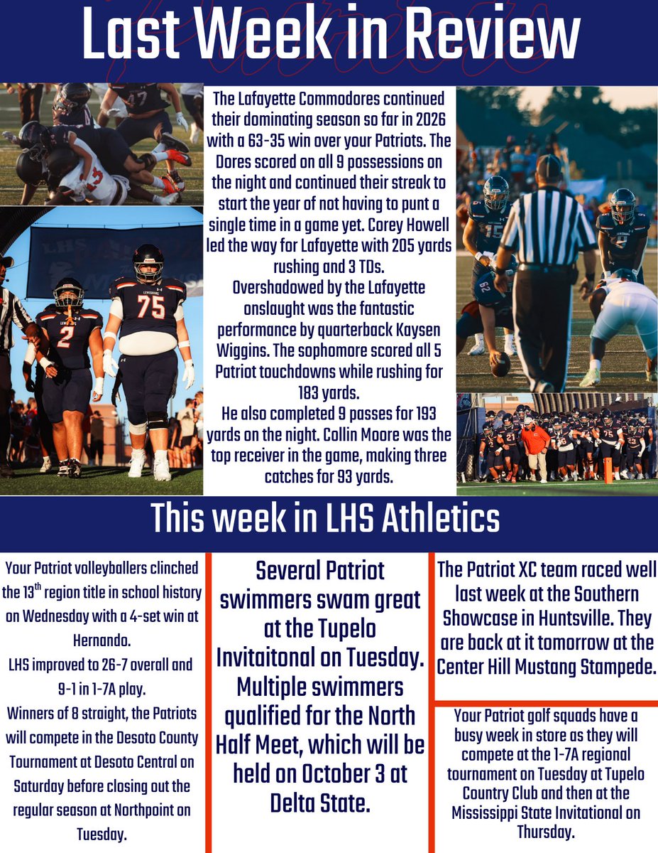 LHSPatsFB's tweet photo. We have made it to The Hill for a beautiful night of Football! To get you ready for tonight's contest, check out our weekly gameday program! Here you will find info on both teams, a look around 7A football, a recap of LHS Athletics from this week, and up to date rosters. https://t.co/c1sAeKEbqC