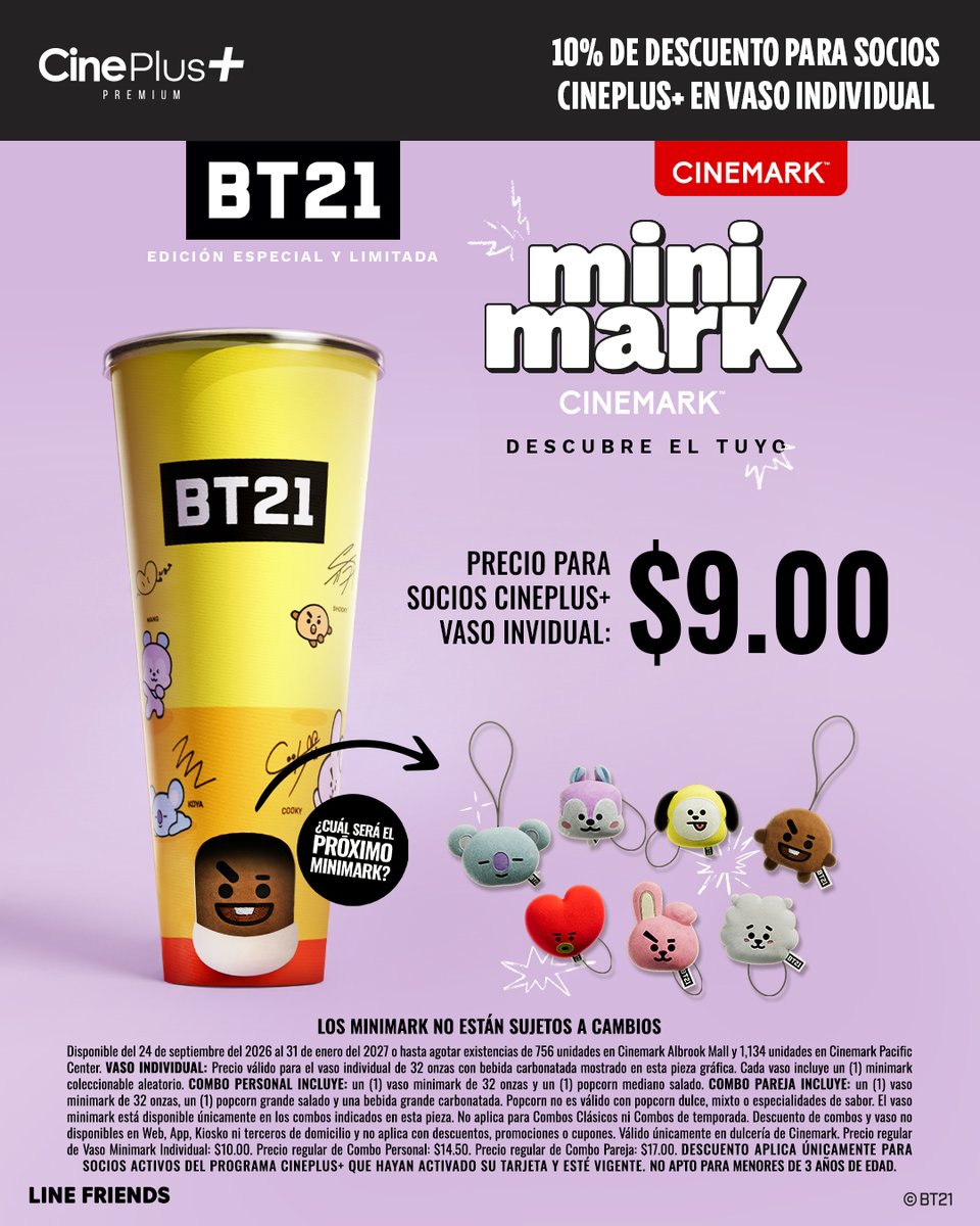 CinemarkPA's tweet photo. 💜✨ ¡Ser socio CinePlus+ hace que tu colección Minimark BT21 se ponga todavía mejor! Disfruta un 10% de descuento en el vaso individual . 🥤💫
#BT21 #MINIMARK #UNIVERSTAR #KOYA #RJ #SHOOKY #MANG #CHIMMY #TATA #COOKY 💜 https://t.co/3kdAptoXEu