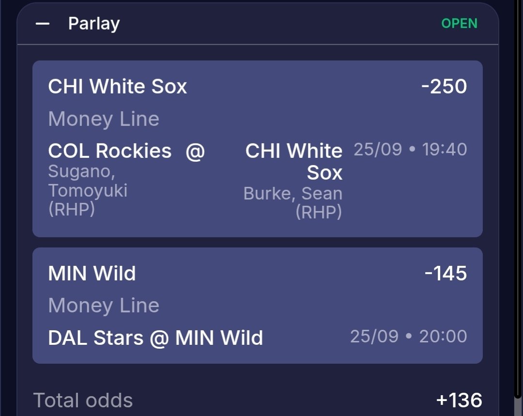 Friezabets28's tweet photo. 🟪 2 leg parlay 

White Sox/ Wild +136 (0.5u)

Pulled these from @Real_NHL_Savant 

Shop for better lines ALWAYS. 
Can definitely find a better parlay line. https://t.co/32yg2wA4Xy