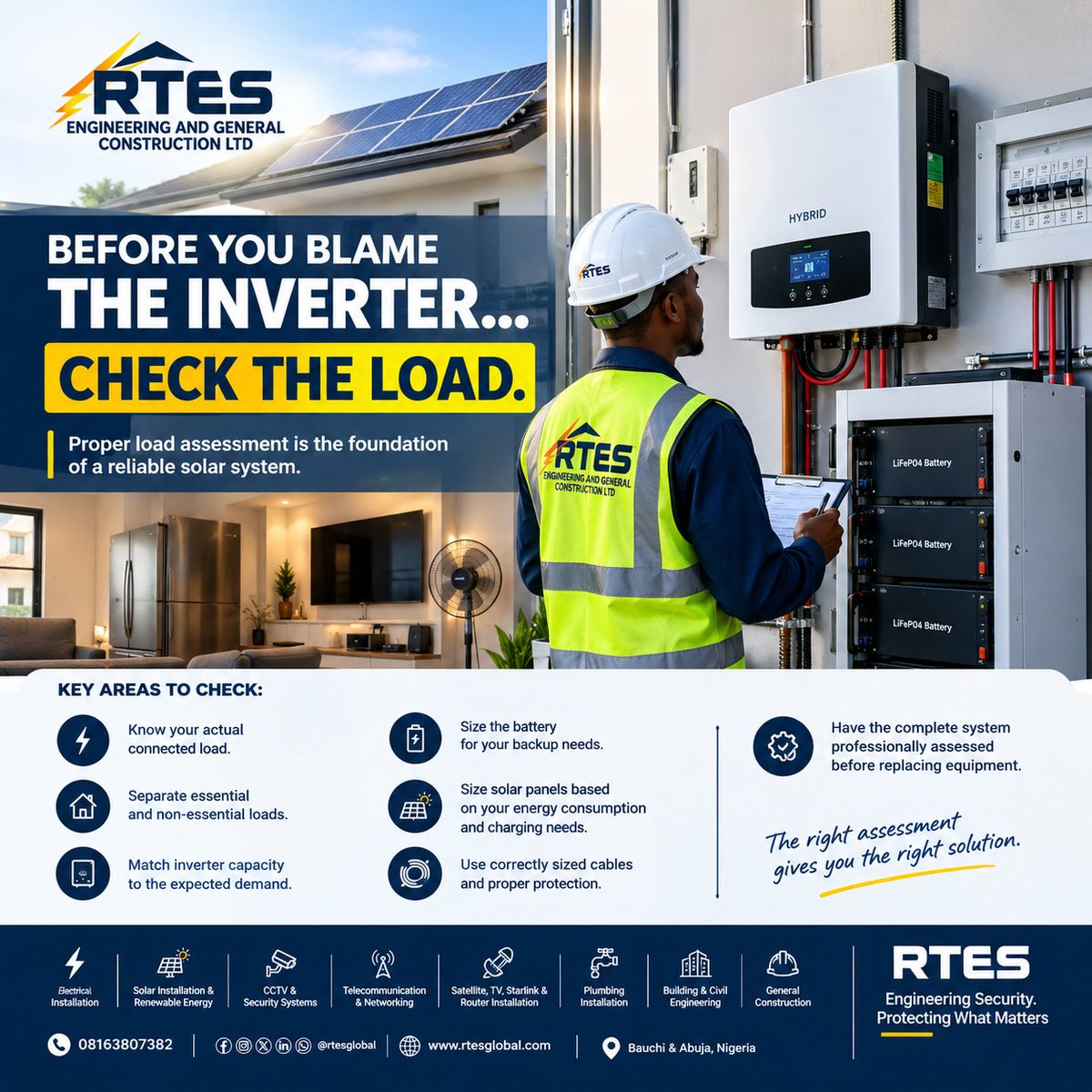 rtesglobal's tweet photo. ⚡ Before you blame the inverter, check the load.

Frequent shutdowns, fast battery drain, or poor performance can come from improper load assessment—not necessarily a faulty inverter.

Good solar engineering means sizing the entire system around the actual demand.

08163807382 https://t.co/nZDjrhv5NQ