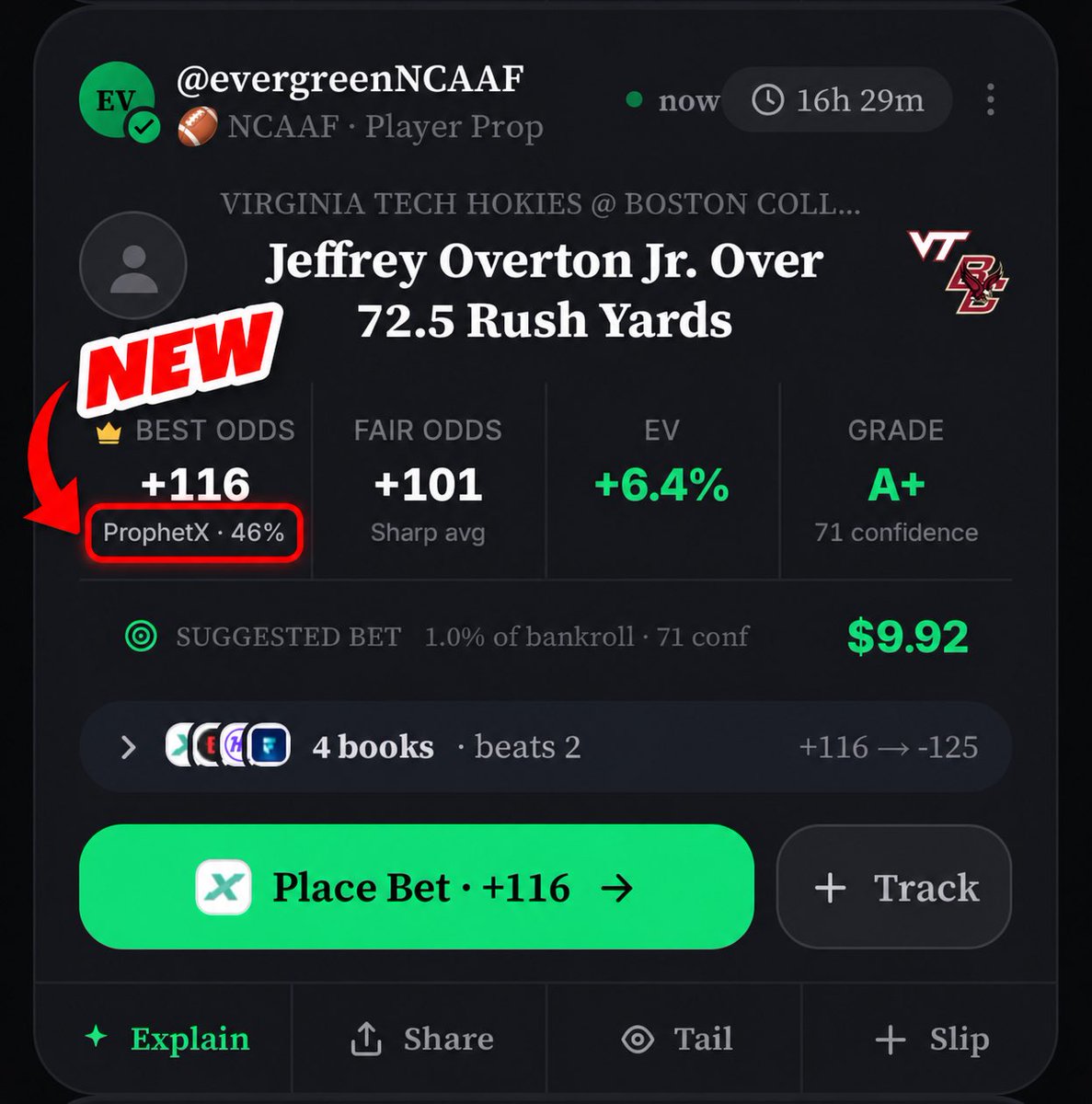EVergreenBets's tweet photo. Anyone else low-key annoyed by exchanges switching from odds to percentages? 😅

Stop doing mental math… Evergreen now shows the implied win % right under the best odds so u can instantly see what that +116 actually means on ProphetX🌲

Shoutout @TDBUbet for the suggestion! https://t.co/r274ktjN5E