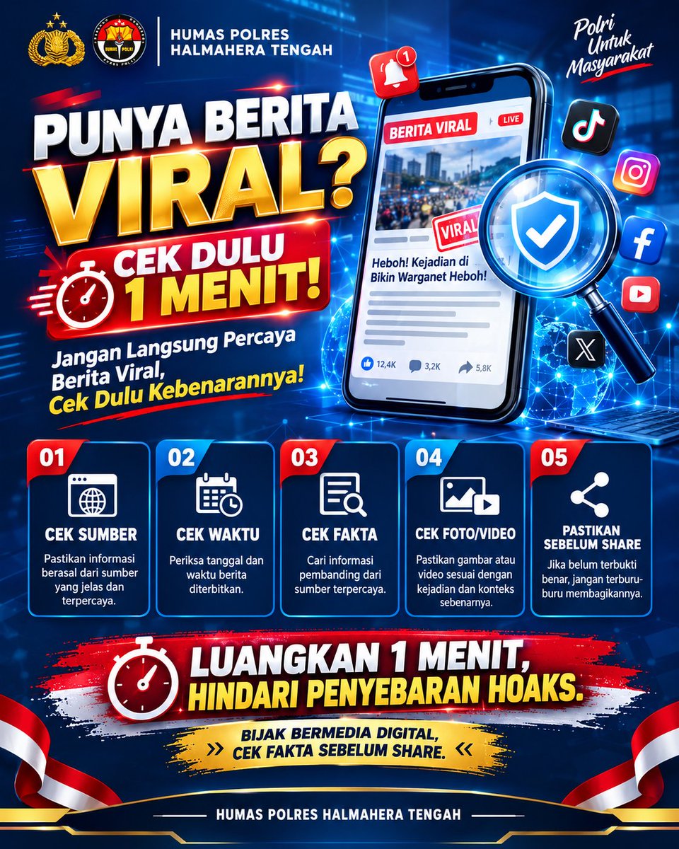HaltengPolres's tweet photo. 1 MENIT CEK FAKTA!
Jangan buru-buru percaya berita viral. Cek sumber, waktu, fakta, dan foto/video sebelum share.
Cek dulu, baru sebarkan!
#CekFakta #CegahHoaks #HumasPolresHalteng https://t.co/Mqbrhxu4Wi