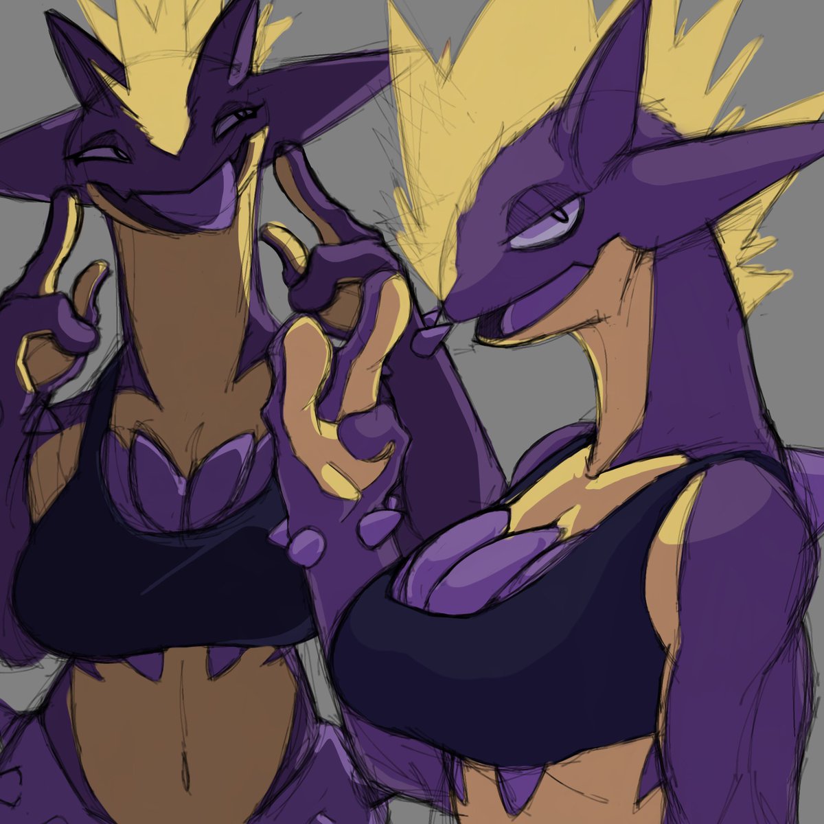 AJdudde's tweet photo. LEST'S ROCK!!!🤟🐐

Se supone que este dibujo lo debía ayer, por el lanzamiento global de toxtricity en Pokémon Unite, pero soy bien perezosa la verdad y no lo quise terminar, aunque igual sigue sin estar terminada (dato:ella se llama Trixy). https://t.co/fby3CFmlk3
