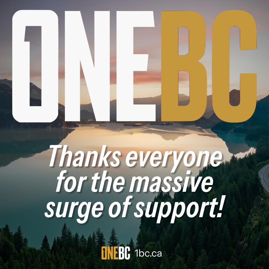 One_BCHQ's tweet photo. We are incredibly grateful for the huge surge in support OneBC is receiving!

Thank you to everyone who has joined OneBC and donated over the last few days. Since David Eby called this ridiculous snap election we have raised over $85 000 and signed up almost a thousand new members. We understand that every dollar sent to us is a symbol of your disgust at David Eby’s cynical power grab and a trust in us to stand up to the radical Left and fight for a British Columbia that is free and prosperous.

We just want to let you know that your support will help us provide needed campaign resources to our team of amazing candidates throughout multiple ridings. On that note, to the hundreds of concerned citizens who felt the need to serve their province and applied to be a candidate for OneBC, thank you. We appreciate the efforts of everyone who wants to make British Columbia a better place to live and despite the short time window, we are giving every single application the time and care it requires to get the best people to represent each riding.

The fight is just beginning and we welcome everyone to join us in the quest to restore reason and prosperity to British Colubmia!

Become a member: https://t.co/cgNqjI68xf

Donate: https://t.co/VV5ZrYcEJY