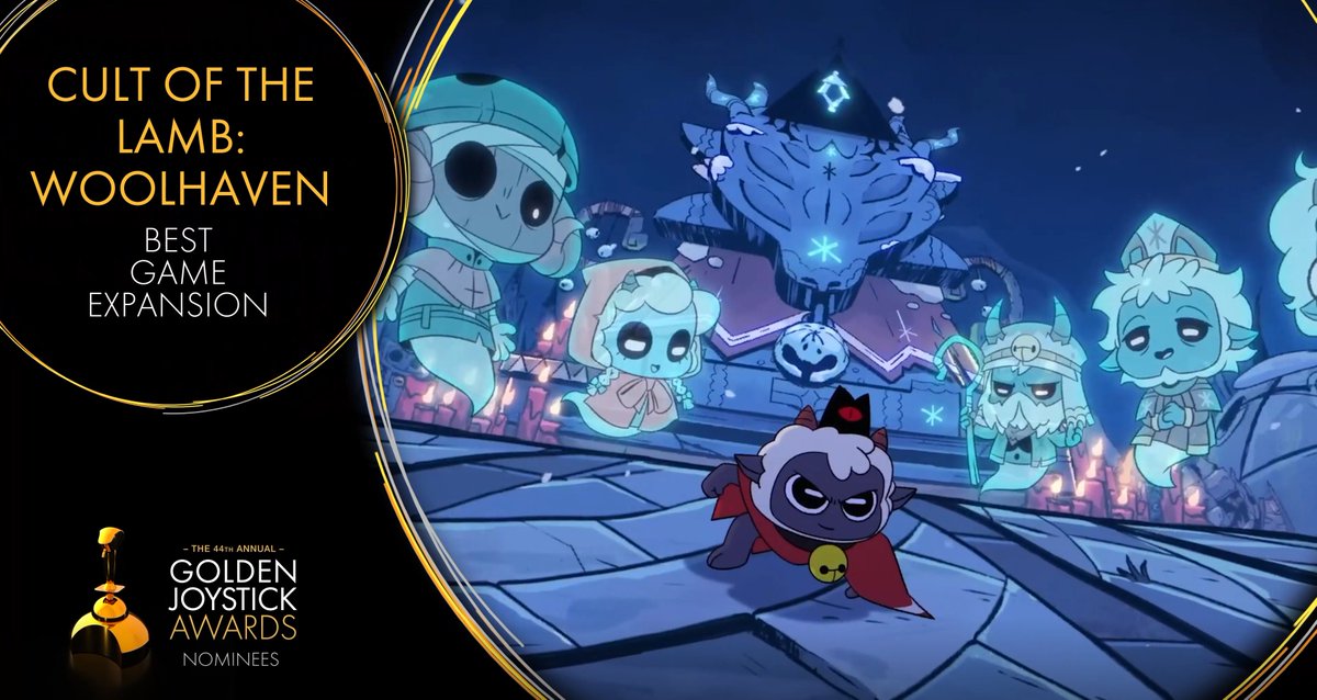 cultofthelamb's tweet photo. Cult of the Lamb: Woolhaven has been nominated for BEST EXPANSION in the 2026 GOLDEN JOYSTICK  AWARDS!

of course, it's an honour to be nominated... but what if we won 🤪

voting is live NOW right here: https://t.co/RoTMuMLfV5 https://t.co/iSyPUGBdoI