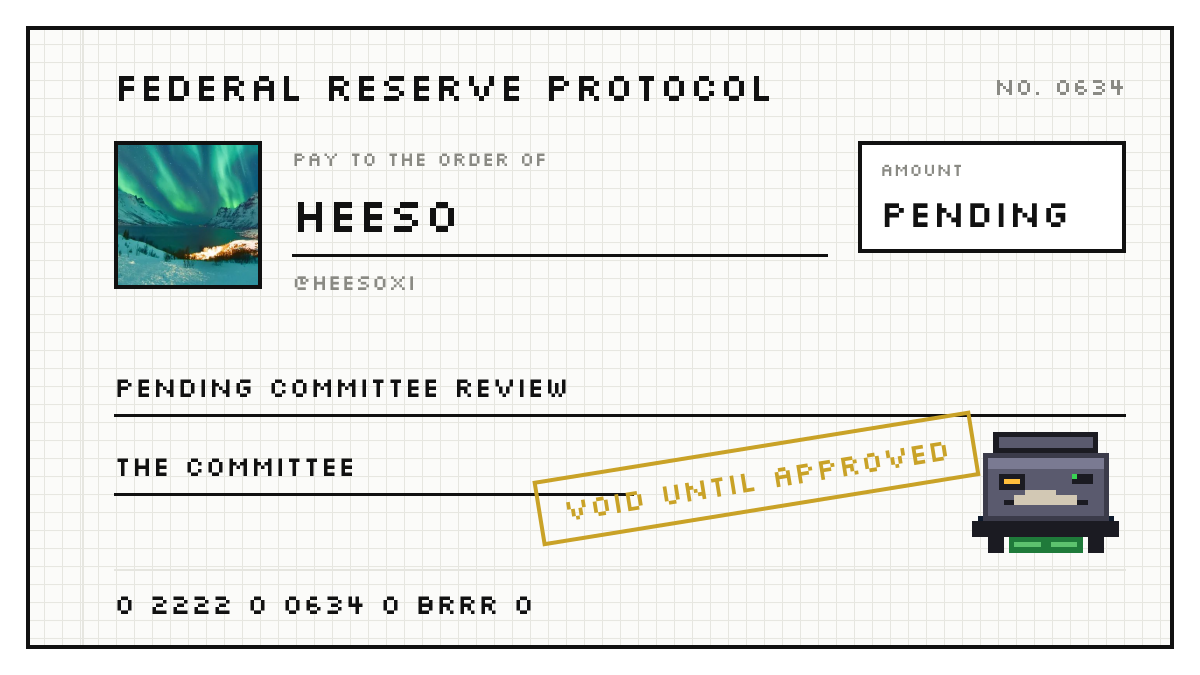 heesoxi's tweet photo. Applied for a printer on the Federal Reserve. Spot 0634 of 2,222.

Dual mandate: maximum brrr, stable memes. https://t.co/0w2ErhSdj0 https://t.co/I2CvbFhIXY