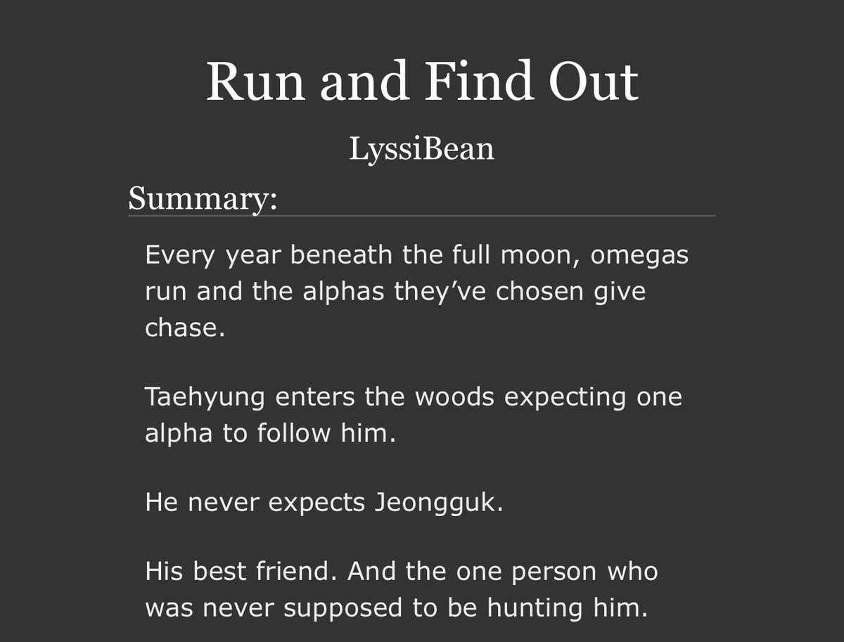recacon's tweet photo. Run and Find Out
By LyssiBean

• taekook a/b/o
• alpha jk &amp; omega tae
• 43k words
• mpreg
• friends to lovers

🔗 https://t.co/yDiTILQHCn https://t.co/Q5BykV3Ri2