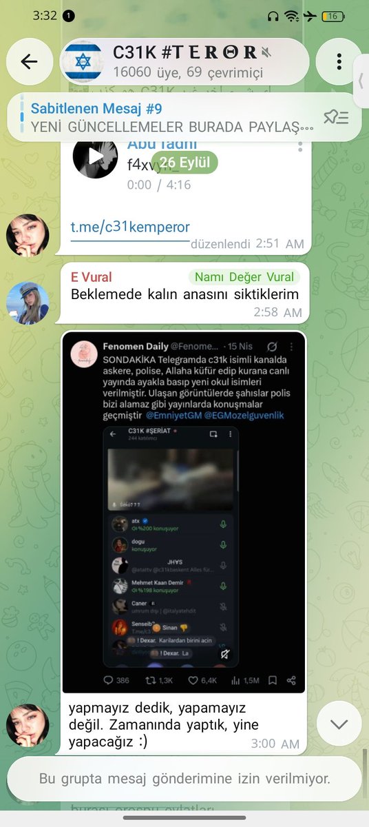 dellytr12's tweet photo. SONDAKİKA
Telegramda c31kemperor isimli kanalda askere, polise, Allaha küfür edip kurana canlı yayında ayakla basılıyo. Ulaşan görüntülerde kedileri işk*nceye uğratıp bunla alay ediyorlar lütfen yetkililer bunlara haddini bildirsin #c31k #c31ktutuklansın @EmniyetGM https://t.co/1Szi2eMcsU