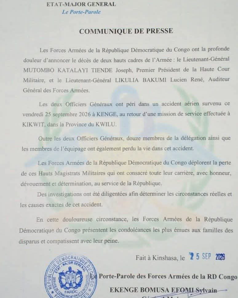 BatanTresor's tweet photo. 🚨 Crash de Kenge : les @FARDC_Info  annoncent la mort de deux officiers généraux, de membres de leur délégation et de l’équipage (Communiqué de presse)
@fatshi13_ 
@Presidence_RDC 
@VPMDefenseRdc 
@PrimatureRDC https://t.co/BwCt7VCseY