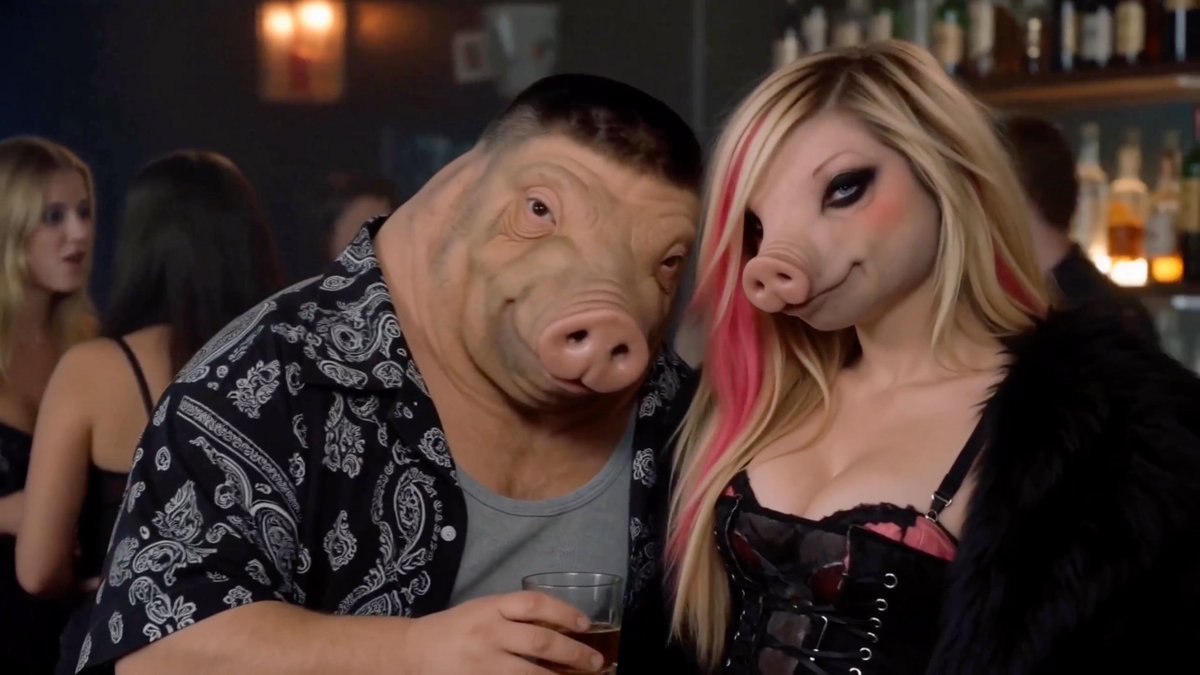 Two people at a bar wearing realistic pig masks; the man wears a patterned shirt and holds a drink, while the woman has blonde hair with pink streaks and wears a black corset.