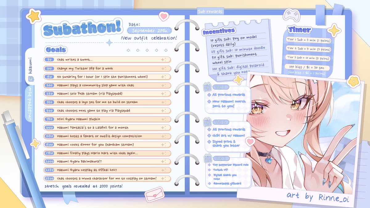 hazumiaileen's tweet photo. ‧₊˚. FIRST UNCAPPED HAZUTHON GOALS!! ˎˊ˗

I have never done a proper uncapped subathon so.. here we go!! Lots of fun goals this time around plus more that will be announced if we ever get there

I AM VERY NERVOUS AND NOT CONFIDENT BUT WE BALL!!

📅: 09.27.26 | 12pm PT | 3pm ET https://t.co/o68wZkrBVE