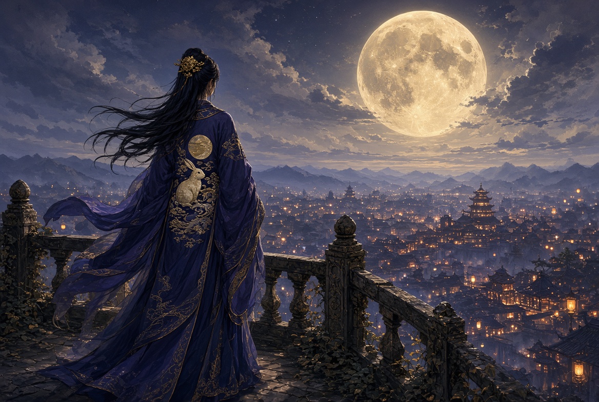 salmon1820's tweet photo. Tonight's Artwork Ideas 25.09.2026.3
**Terrace rear-view**
She faces the city, not us. Gold rabbit on indigo silk. The moon does the talking.
#MidAutumnFestival #HarvestMoon #Hanfu #RearView #FantasyArt #KeyVisual #LanternCity #中秋の名月 https://t.co/Bg100w3nN6