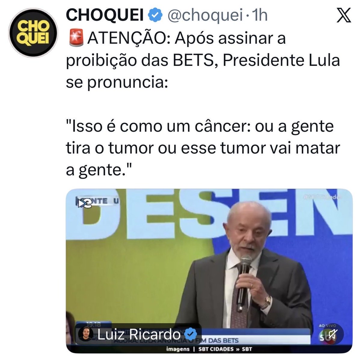 juliovschneider's tweet photo. O MAIOR CÂNCER DO BRASIL NÃO É A BET.

É ele.
Legalizou o cassino na sala, cobrou outorga, deixou o país se endividar… e agora, 9 dias da eleição, sobe no palco e fala:
“Isso é como um câncer. Ou tira o tumor ou o tumor mata a gente.”
Lula não está tirando o tumor.
Lula é o tumor. Deixou o Brasil com metástase. Se ele não sair, o Brasil morre.