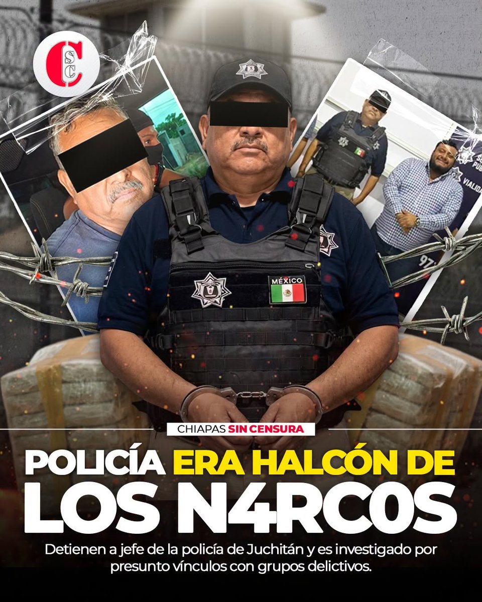 GARCIPAVON's tweet photo. ¡A poco! 🤨

POLICÍA ERA HALCÓN DE LOS N4RC0S.

Jhon Keny Moreno Segura, comisario general de Seguridad Pública de Juchitán, Oaxaca, fue detenido por autoridades estatales y federales por sus presuntos vínculos con grupos d3lictivos.

Las investigaciones señalan que presuntamente pasaba información confidencial sobre operativos, movimientos y acciones de las autoridades, lo que habría permitido al grupo anticiparse a los despliegues de seguridad. También habría facilitado patrullas municipales y permitido ocultar grabaciones de videovigilancia.

Su captura ocurrió después de la detención del presidente municipal Miguel Sánchez Altamirano, quien era su superior jerárquico directo.
✍️   Chiapas Sin Censura