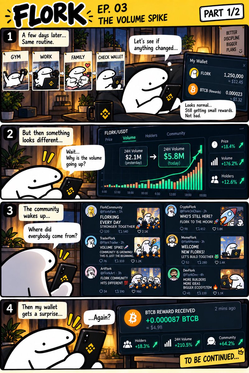 CryptoRubber's tweet photo. FLORK EP. 03 — THE VOLUME SPIKE

Flork finally starts seeing the bigger picture

then suddenly, everything starts moving. 

Volume. Holders. Community.
And then

a whale appears. 🐋

Part 2 is in the comments 👇 https://t.co/3ycYNhJa97