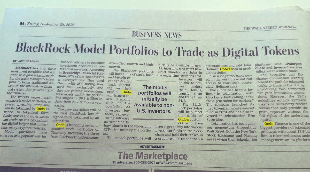 Ondo's tweet photo. ICYMI in the Wall Street Journal:

Tokenization is gaining momentum as financial markets enter a new era. https://t.co/JVRdbVNjpB