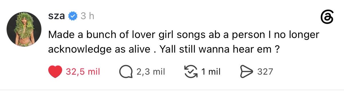 szaupdatesbr's tweet photo. “Fiz várias músicas de amor sobre uma pessoa que eu não considero mais viva. Vocês ainda querem ouvi-las?”

SZA via Threads. https://t.co/ysvgQ2xdOl