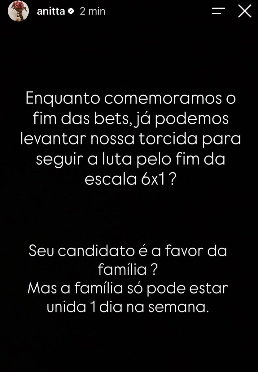QGdoPOP's tweet photo. ESSA É MULHER! Anitta celebra o fim das Best no Brasil e pede o fim da escala 6x1:

“Enquanto comemoramos o fim das bets, já podemos levantar nossa torcida pelo fim da escala 6x1? Seu candidato é a favor da família? Mas a família só pode estar unida 1 dia na semana”. https://t.co/aprunfGg9R