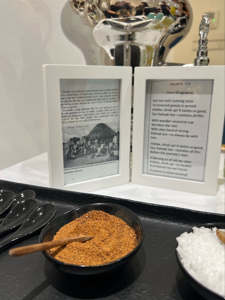 sashastiles's tweet photo. kalmyk tea in an NYC gallery — who would have thunk it? thanks to all who made this a special night, especially my mother for bringing homemade bortzig. my heart is full. 🤍 https://t.co/jRnEx8Mw73