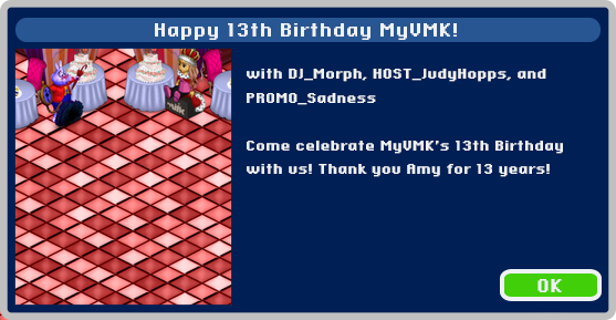 MyVMK's tweet photo. "Happy 13th Birthday MyVMK" with DJ_Morph, HOST_JudyHopps, and PROMO_Sadness begins in just 30 minutes! (5:00 PM EST) Thank you for 13 wonderful years MyVMK! #MyVMK #VMK #Disney #Nostalgia https://t.co/0djlIj7tVm