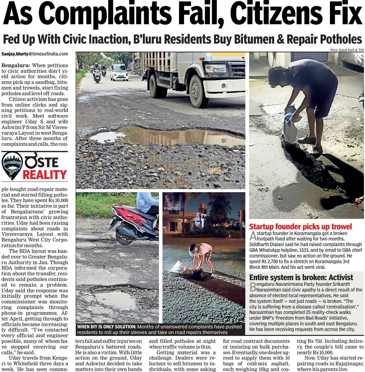 srm2k15's tweet photo. Fed up with civic apathy, Bengaluru residents are fixing roads and footpaths themselves

From spending ₹10k on asphalt to repairing a broken footpath with their own money, citizens say repeated complaints have yielded no action 

@MaJin_TRON @srikanthn1975 @siddharth_iitm https://t.co/ECjE9V3xRB