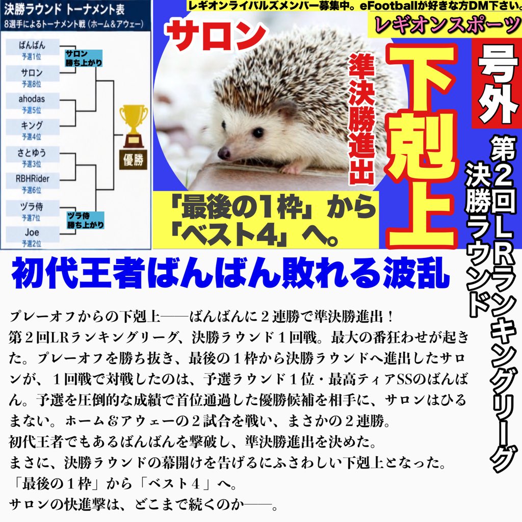 LEGION_RIVALS's tweet photo. 第２回ＬＲランキングリーグ、決勝ラウンド。

超速報。
初代王者決勝ラウンド１回戦で散る。

サロン２連勝で準決勝進出。
リーグ最大の下剋上で勝ち上がる。
#eFootball #イーフットボール #イーフト https://t.co/NlRA0CnW8K