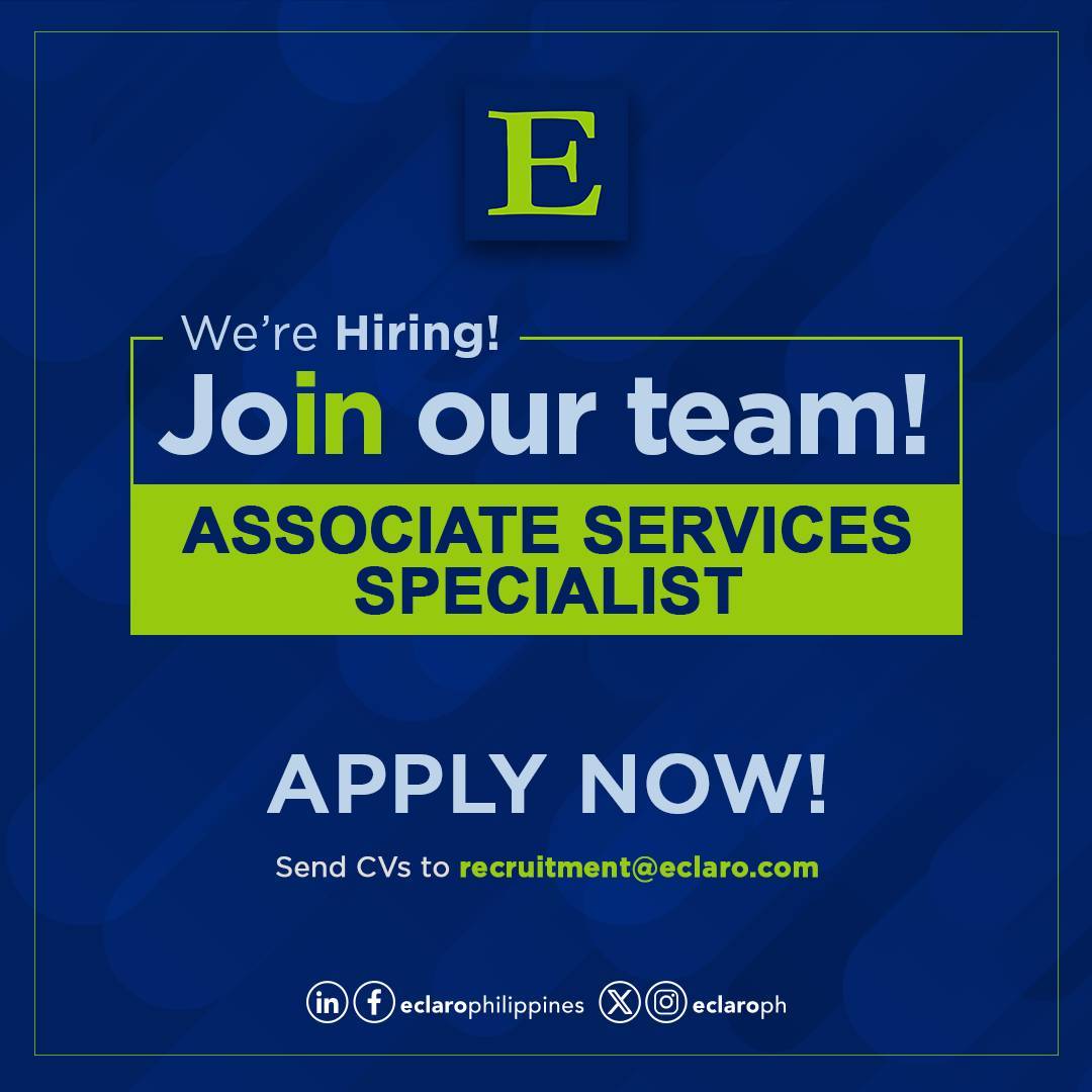 EclaroPh's tweet photo. A global client is looking for an Associate Services Specialist to manage service-related tasks.
Send your CV at recruitment@eclaro.com or apply at https://t.co/EzOoCoLrCb
Don't forget to mention where you've seen us. π
#ECLARO #ECLAROCareers #jobsph https://t.co/7zJV86k0w6